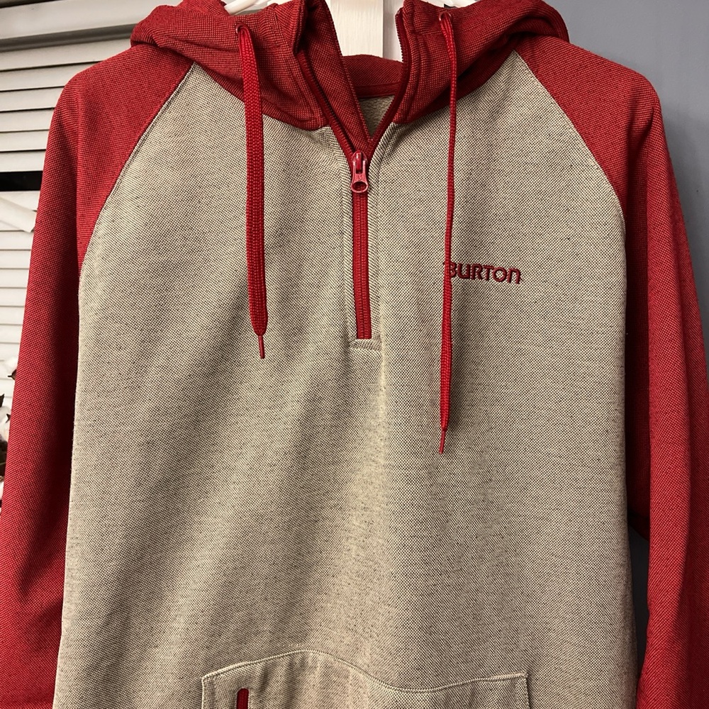Burton Snowboards 1/4 Zip Hoodie Sweatshirt Red Tan Colombo Dryride Men’s Size L